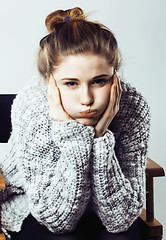 Image showing beauty young real woman in sweater at winter warmed up, cheerful