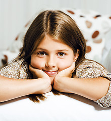 Image showing little cute brunette girl at home smiling close up