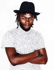 Image showing young handsome afro american boy in stylish hipster hat gesturin