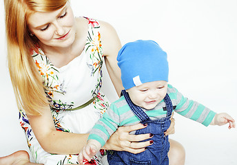 Image showing young beauty mother with cute baby, red head happy modern family