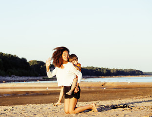 Image showing pretty diverse nation and age friends on sea coast having fun, lifestyle people concept on beach vacations