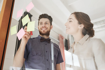 Image showing creative team with stickers on glass at office