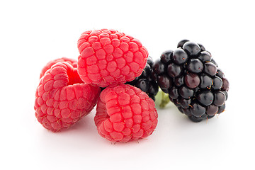 Image showing Raspberries and blackberry with mint leaf