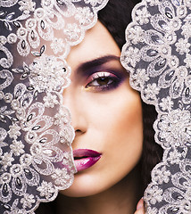 Image showing beauty young woman throw white lace close up, bride under veil, 