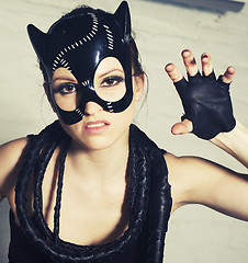 Image showing young sexy woman with bright fashion make up, cat mask closeup