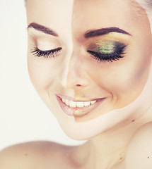 Image showing half faced woman before tanning and after close up isolated on w