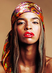 Image showing beauty young afro american woman in shawl on head smiling close 