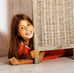 Image showing real little cute brunette girl at home smiling close up
