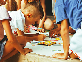 Image showing little cute boy with company painting on birthday party