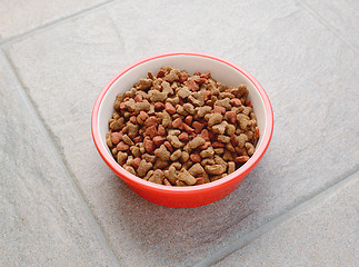 Image showing Red bowl of dry cat food on grey tile