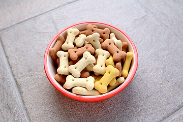 Image showing Red bowl full of dog biscuits on grey tile