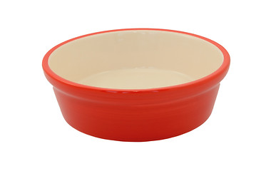 Image showing Red empty pet food bowl