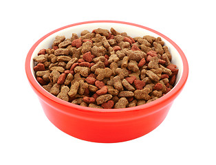 Image showing Dry cat biscuits in a red pet food bowl