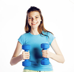 Image showing young pretty slim woman with dumbbell isolated cheerful smiling, real sport girl next door, lifestyle people concept