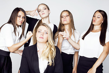 Image showing lot of businesswomen happy smiling celebrating success of team victory on work, dress code black and white official, lifestyle people concept