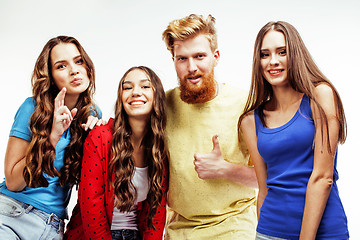 Image showing company of hipster guys, bearded red hair boy and girls students having fun together friends, diverse fashion style, lifestyle people concept isolated on white background