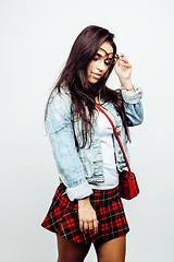 Image showing young happy smiling latin american teenage girl emotional posing on white background, lifestyle people concept, school uniform wearing glasses