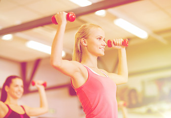 Image showing group of smiling people working out with dumbbells