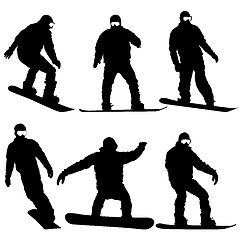 Image showing Set black silhouettes snowboarders on white background.