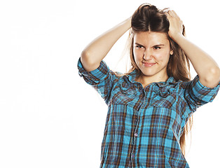 Image showing young pretty woman posing on white background isolated emotional