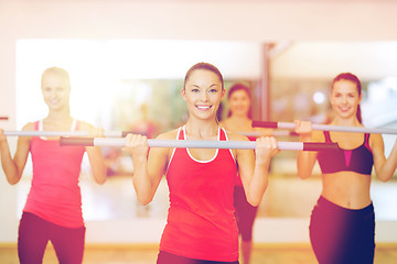 Image showing group of smiling people working out with barbells