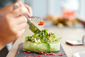 Image showing woman eating cottage cheese salad at restaurant