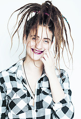 Image showing real caucasian woman with dreadlocks hairstyle funny cheerful fa