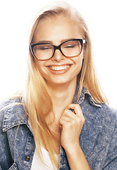 Image showing young pretty girl teenager in glasses on white isolated blond ha