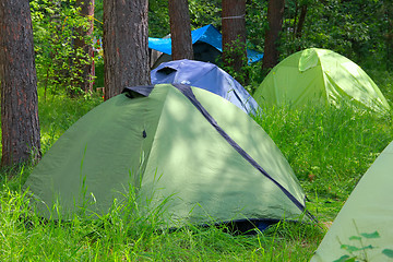 Image showing camping outdoor with tent in woods in summer