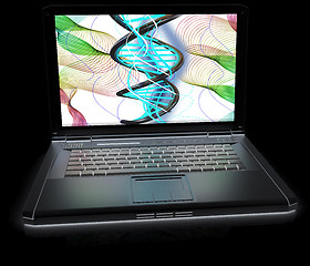 Image showing Laptop with dna medical model background on laptop screen. 3d il