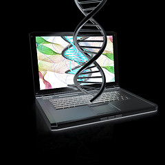 Image showing Laptop with dna medical model background on laptop screen. 3d il