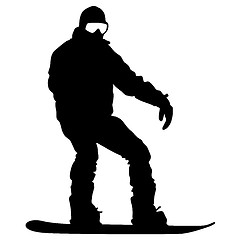 Image showing Black silhouettes snowboarders on white background.