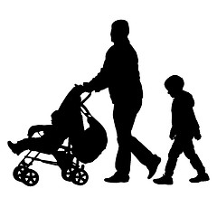 Image showing Black silhouettes Family with pram on white background. illustration