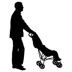 Image showing Black silhouettes father with pram on white background. illustration