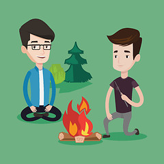 Image showing Two friends sitting around bonfire in camping.