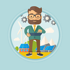 Image showing Male worker of solar power plant and wind farm.