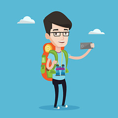 Image showing Man with backpack making selfie.