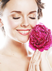 Image showing young beauty woman with flower peony pink closeup makeup soft te