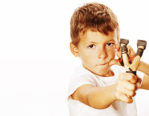 Image showing little cute angry real boy with slingshot isolated