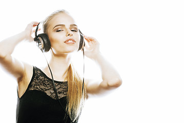 Image showing young sweet talented teenage girl in headphones singing isolated