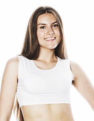 Image showing young pretty brunette woman in sports wear isolated on white smiling, lifestyle people concept
