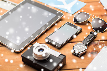 Image showing close up of smartphone and travel stuff