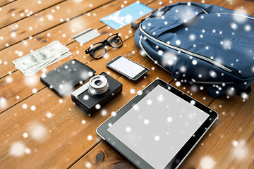 Image showing close up of smartphone and travel stuff