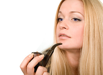 Image showing beautiful blond woman with tobacco-pipe