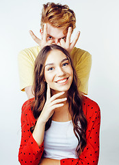 Image showing young attractive couple together having fun happy smiling isolated on white background, emotional posing, lifestyle people concept 