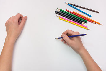 Image showing Female hand painted with colored pencils on paper, close-up