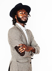 Image showing young handsome afro american boy in stylish hipster hat gesturin