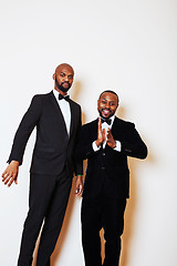 Image showing two afro-american businessmen in black suits emotional posing, g