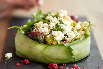 Image showing cottage cheese salad with vegetables at restaurant