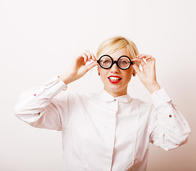 Image showing bookworm, cute young blond woman in glasses, blond hair, teenage